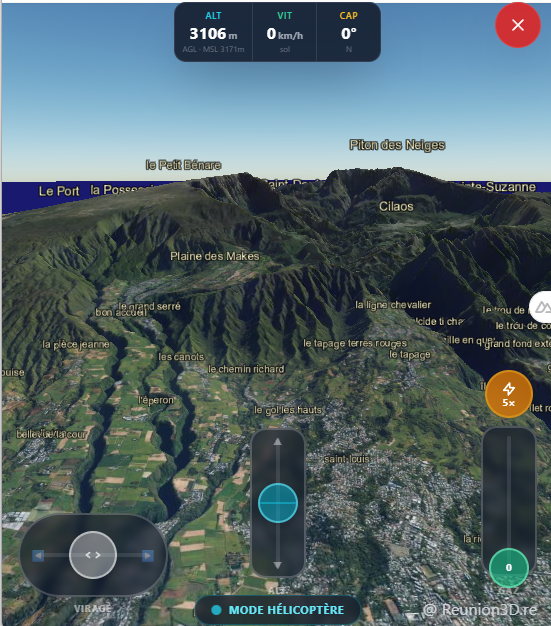 Mode simulation hélicoptère pour survoler les reliefs de La Réunion en 3D